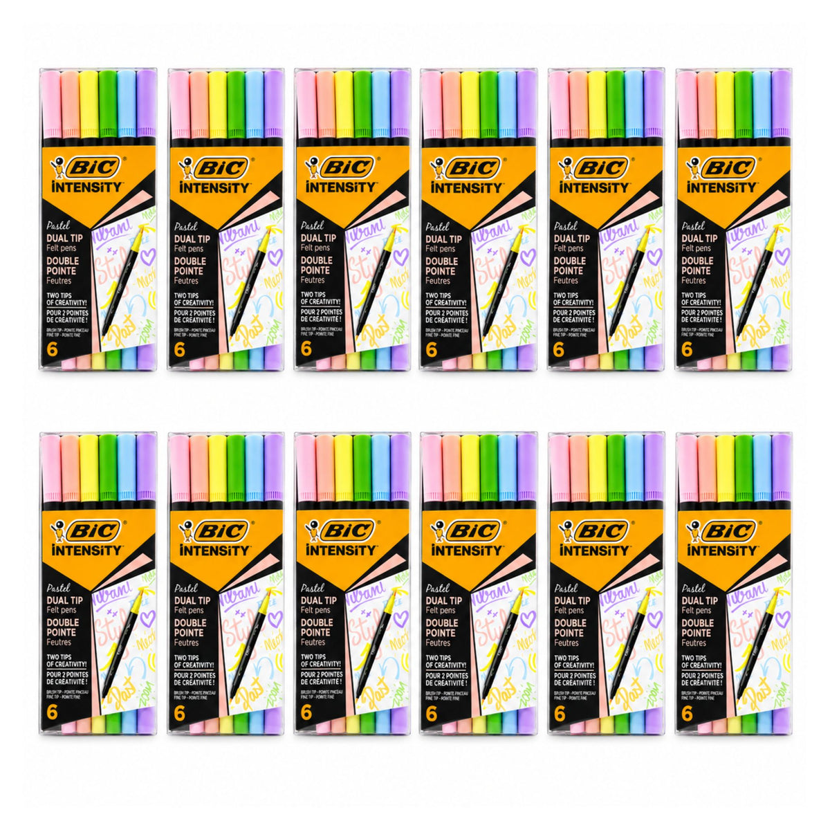 12-pack bulk bundle of BIC Intensity Pastel Dual Tip Felt Pens 6 Assorted Colours