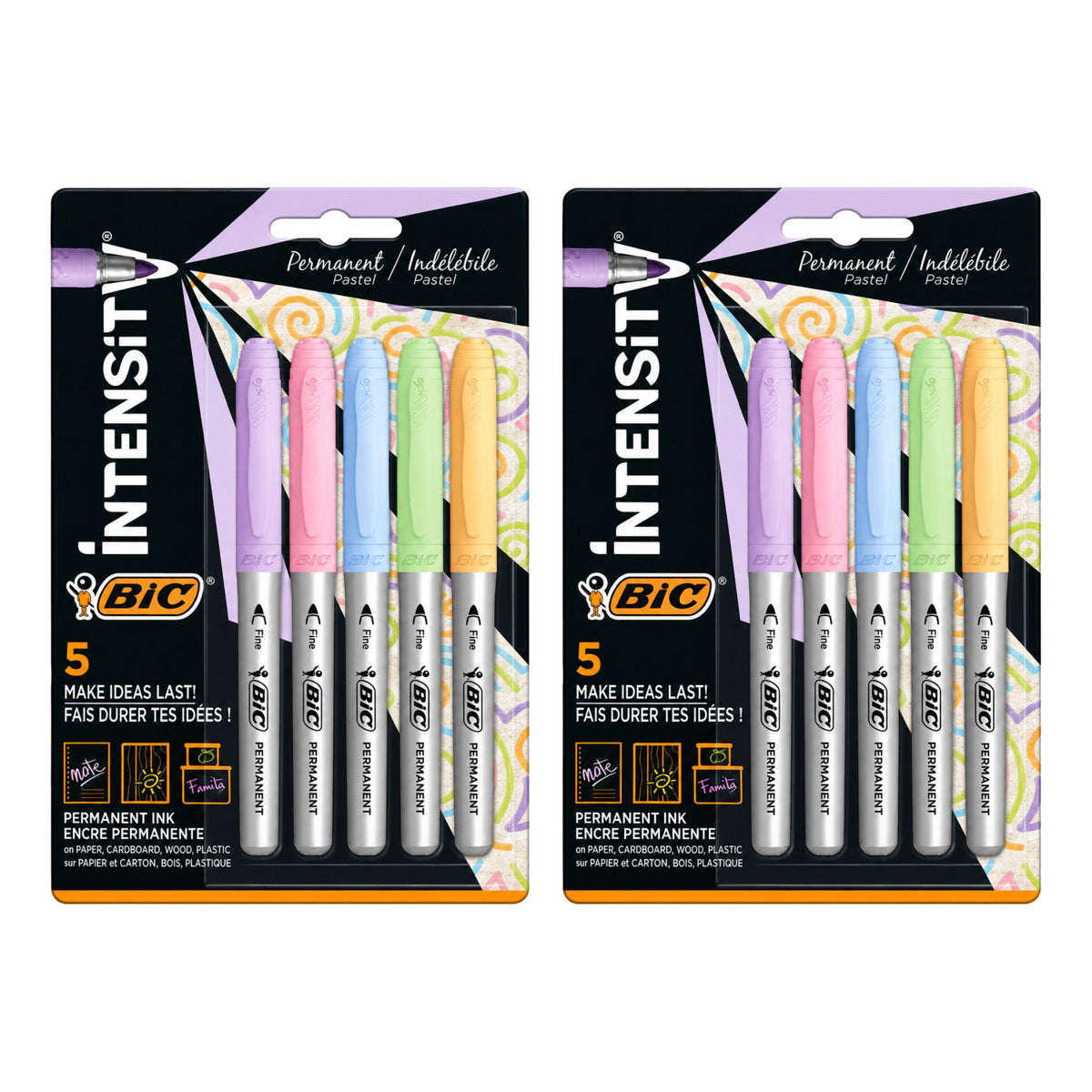 Two packs of BIC Intensity5 Permanent Ink Fingers markers on a white background. Each pack contains five markers in pastel shades of purple, pink, light blue, green, and orange, with silver barrels.