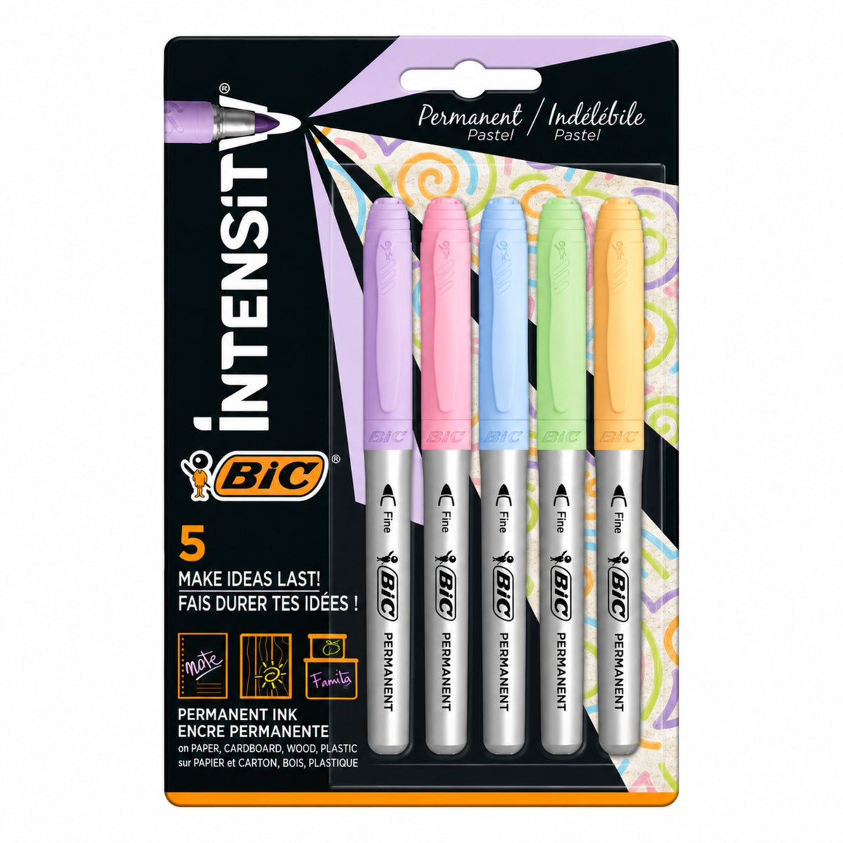 BIC Intensity Permanent Markers Fine Tip Pastel Colours 5 Pack front packaging
