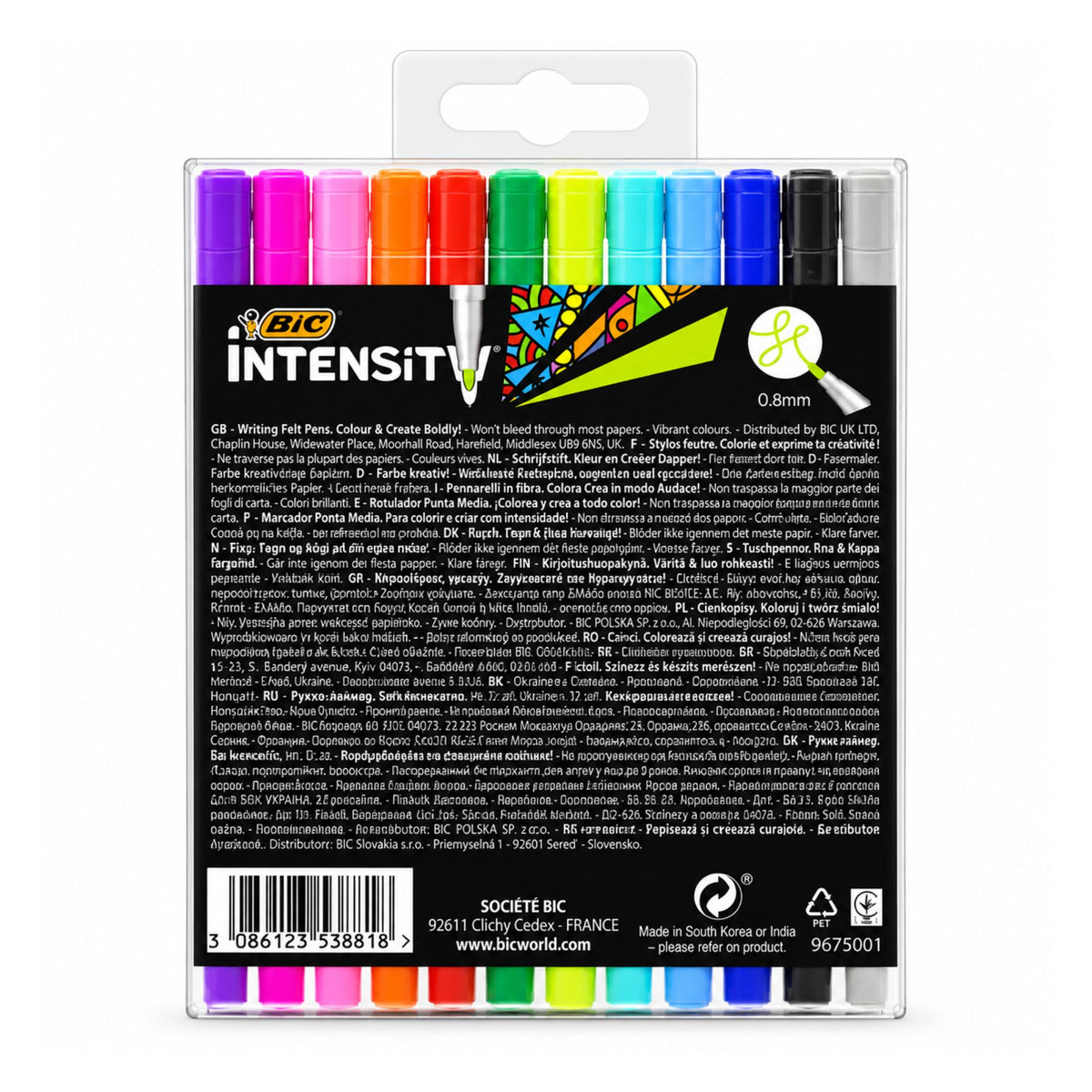 Back packaging view of BIC Intensity Writing Felt Pens 12 Assorted Colours showing product details and barcode