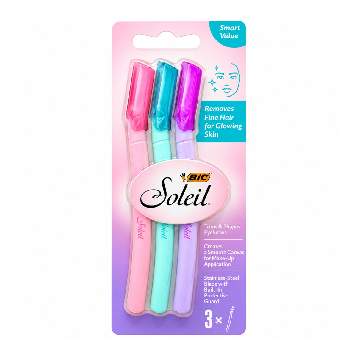BIC Soleil Smart Value 3-pack of eyebrow pencils in pink, teal, and purple, packaged on a pink and purple blister card.