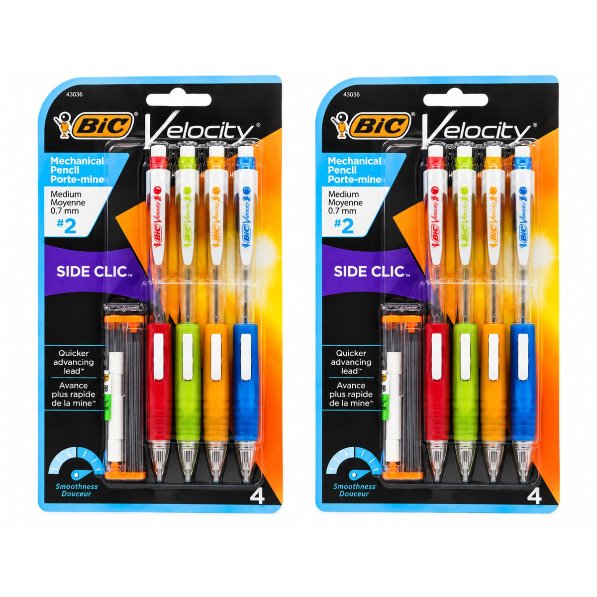 Two BIC Velocity Mechanical Pencil packages side by side on a white background. Each package contains four retractable pencils in assorted colors: red, orange, green, and blue, with black and silver barrels.