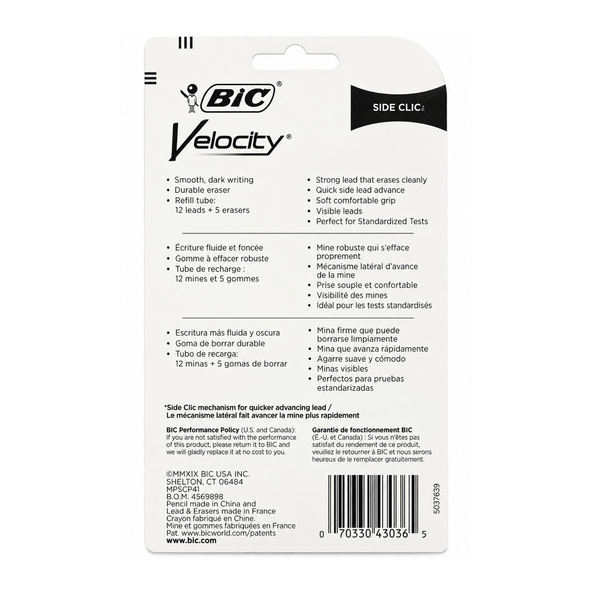 The back of a BIC Intensity 42mm ballpoint pen box, featuring extensive product information, warnings, and barcodes on a white background.