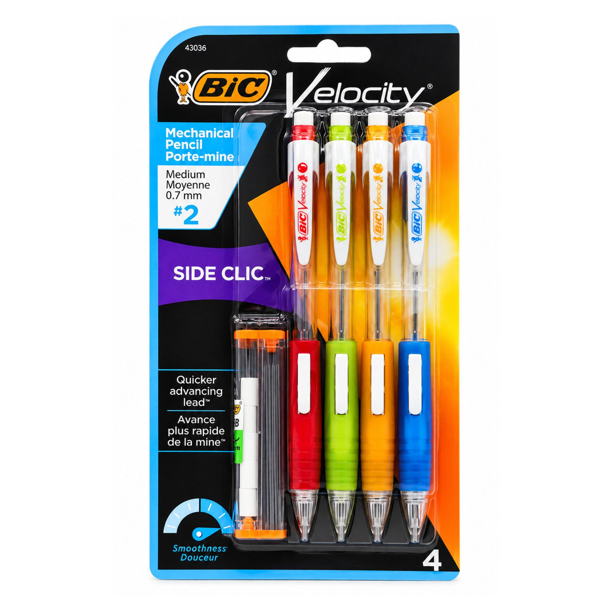 BIC Velocity Mechanical Pencil set in retail blister packaging, featuring four retractable mechanical pencils in red, green, yellow, and blue with a black ink cartridge holder.