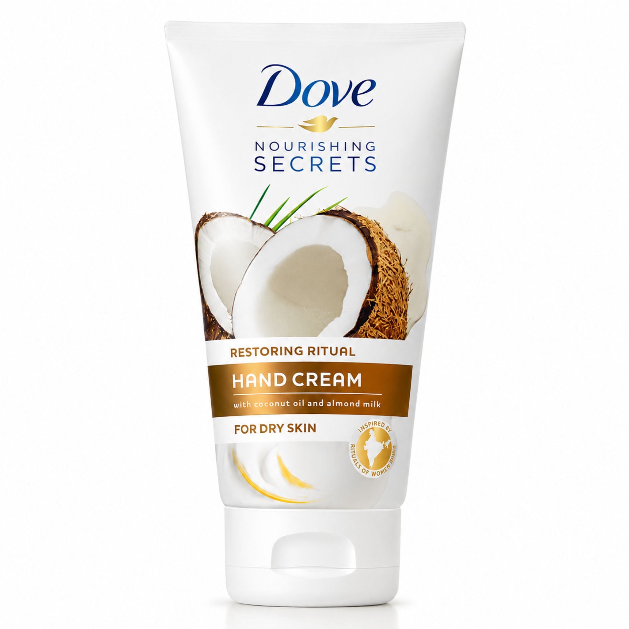 Dove Nourishing Secrets Restoring Ritual Hand Cream in a white squeeze tube with coconut imagery and brown and blue branding text.