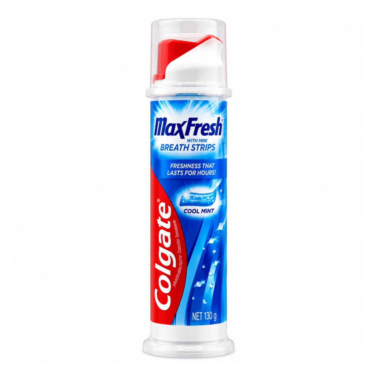Colgate MaxFresh Toothpaste with Mini Breath Strips Cool Mint 130g pump dispenser front view