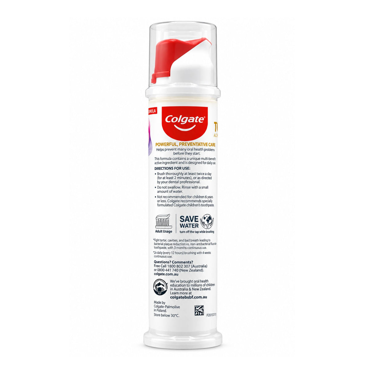Back view of Colgate Total Active Prevention Clean Mint 130g toothpaste dispenser showing barcode and usage directions