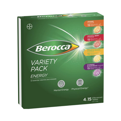 Berocca Energy Effervescent Tablets 4 x 15 Variety Pack - Colorful fizzing tablets in water, offering a burst of energy and essential vitamins