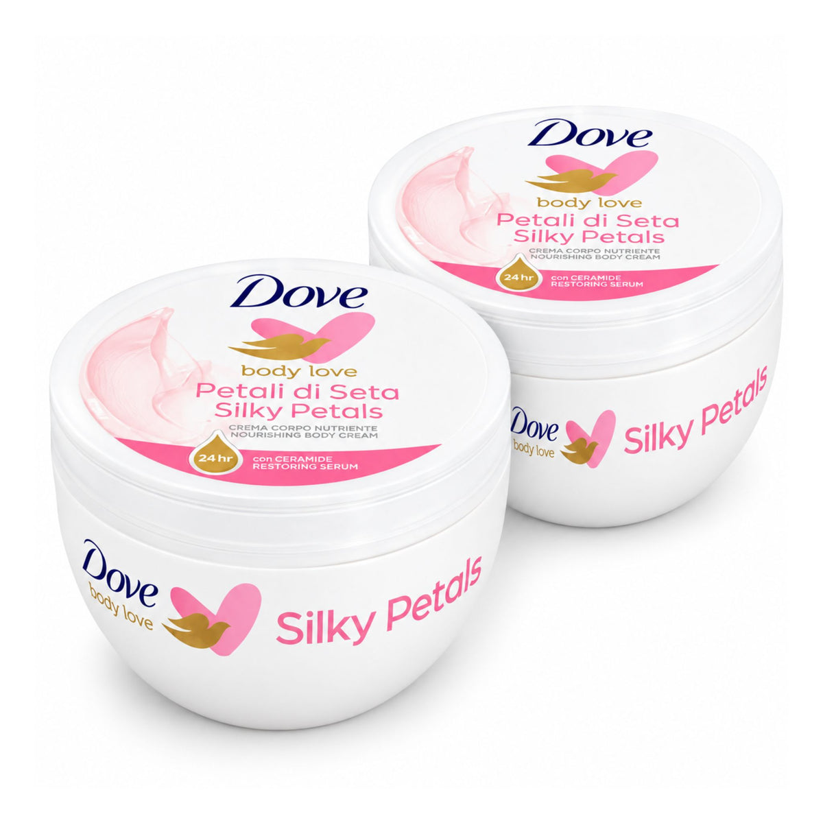 2-pack bundle of Dove Body Love Silky Petals 300g body cream jars