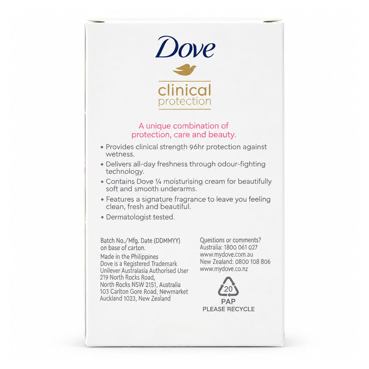 Back of Dove Clinical Protection Pomegranate Antiperspirant box showing product claims and recycled logo