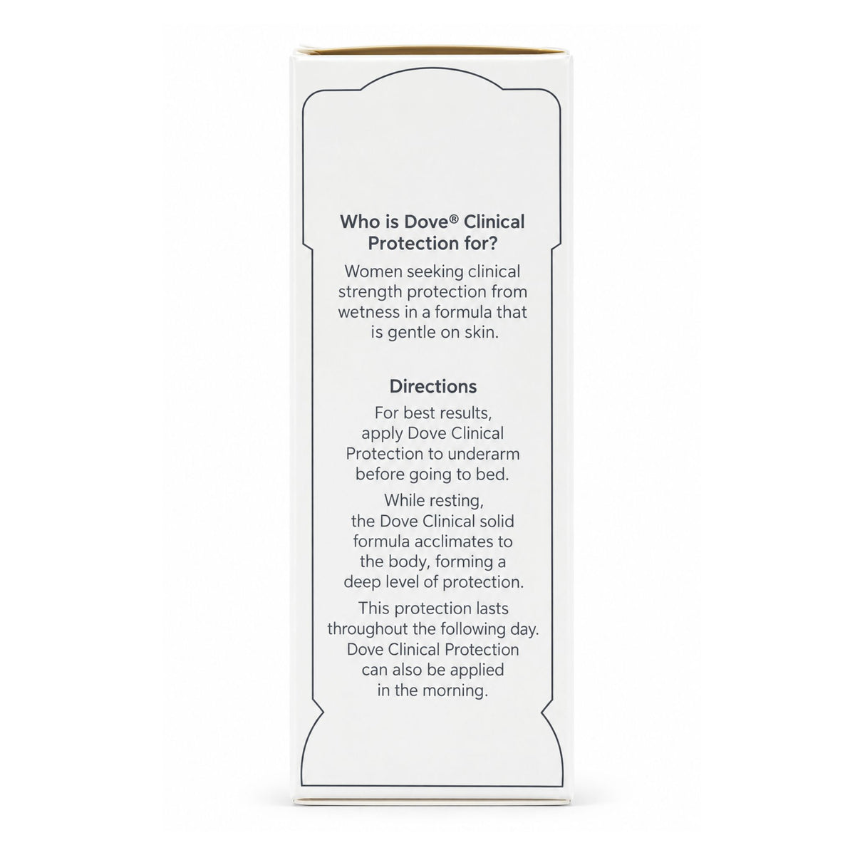 Side view of Dove Clinical Protection box detailing application instructions and formula benefits