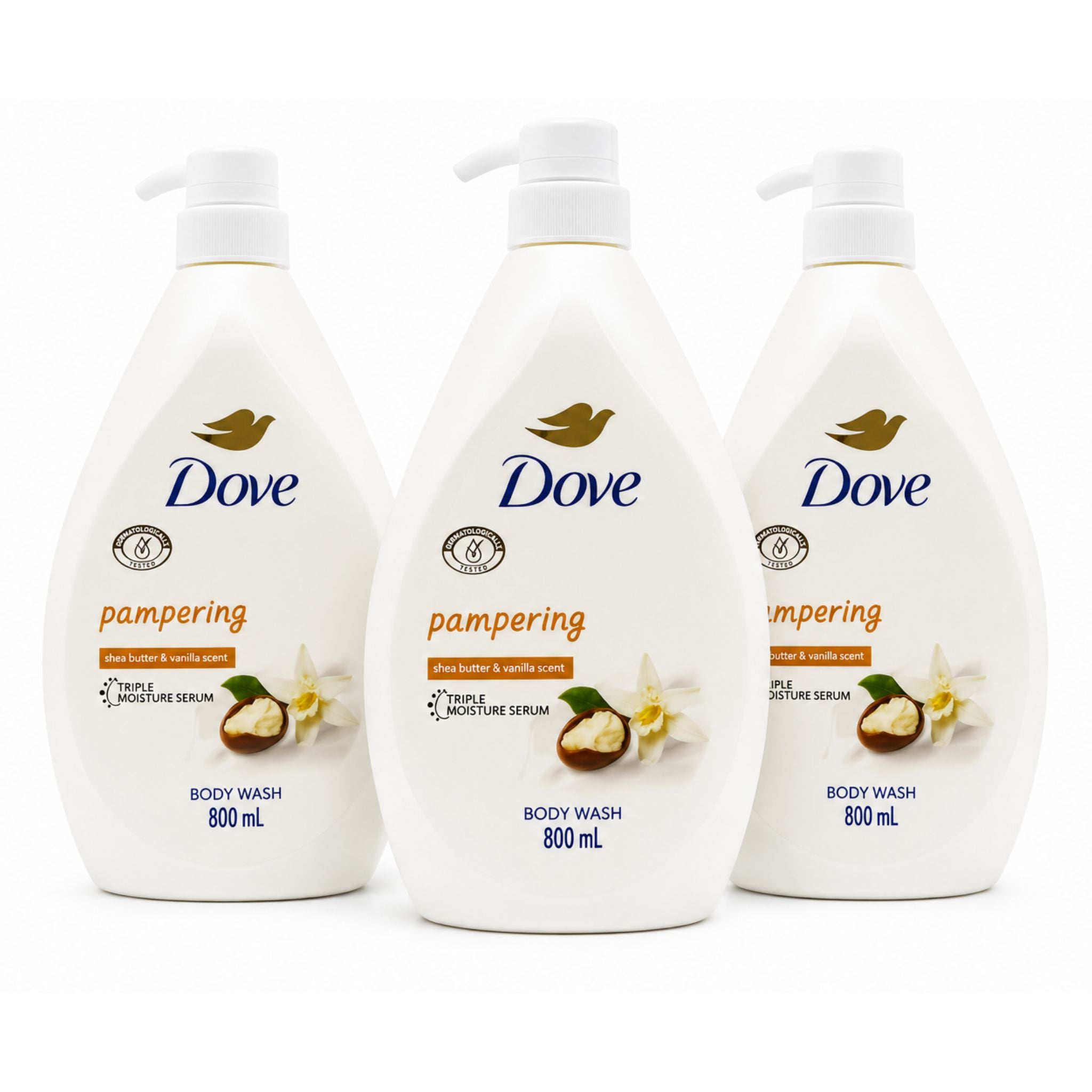 Three bottles of Dove Oxygen Moisture Deep Cleansing Body Wash arranged in a row against a plain white background.