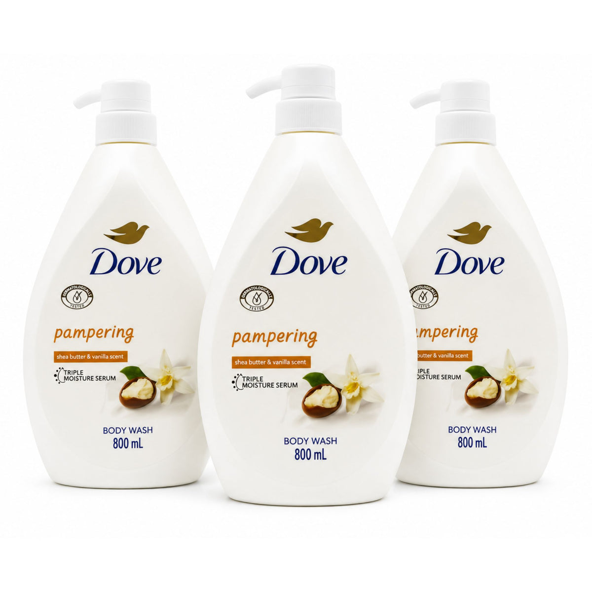 Three bottles of Dove Oxygen Moisture Deep Cleansing Body Wash arranged in a row against a plain white background.