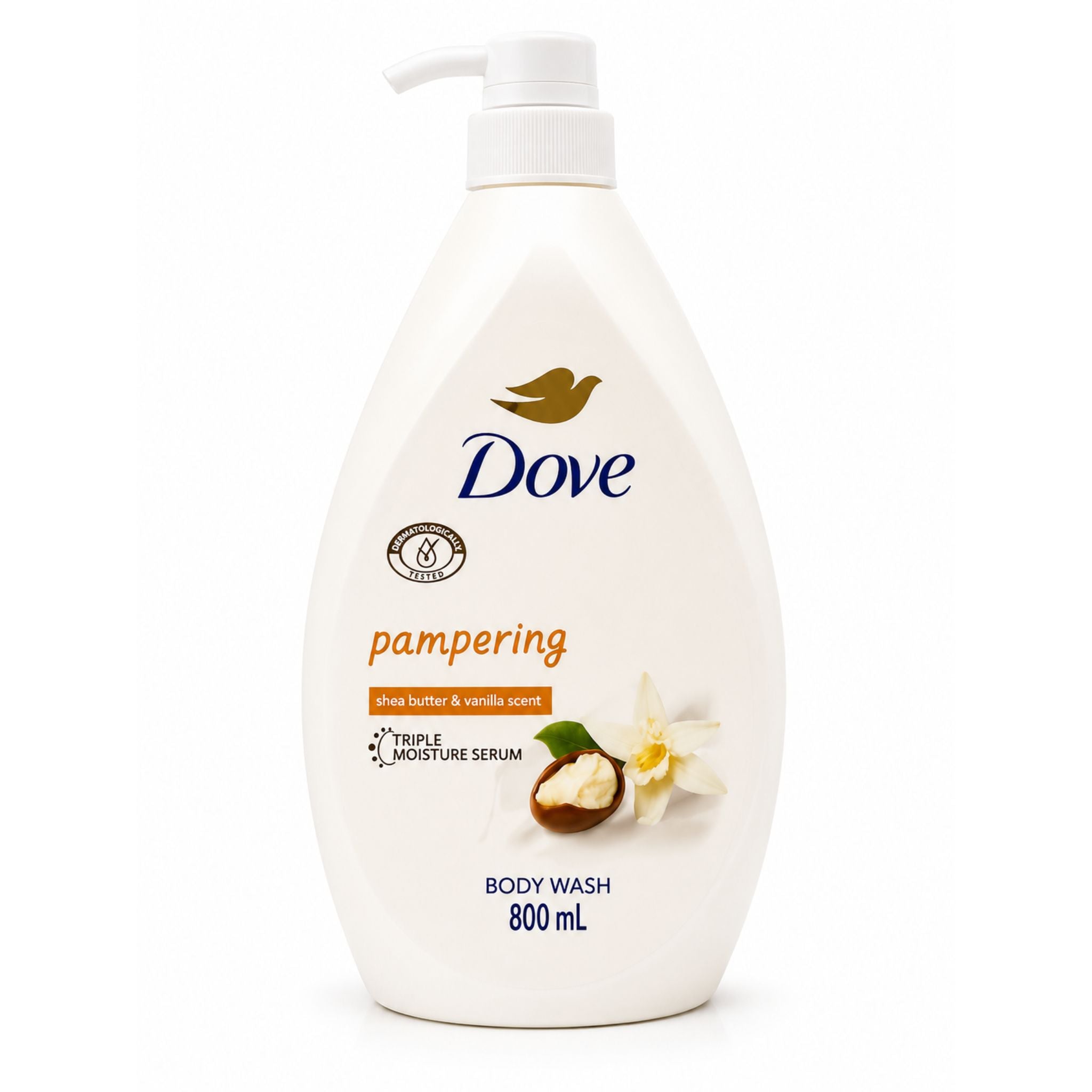 A 800 mL bottle of Dove Pampering Body Wash with a white pump dispenser. The bottle is white with blue and orange text, featuring a gold Dove logo and illustrations of a nut and a white flower.