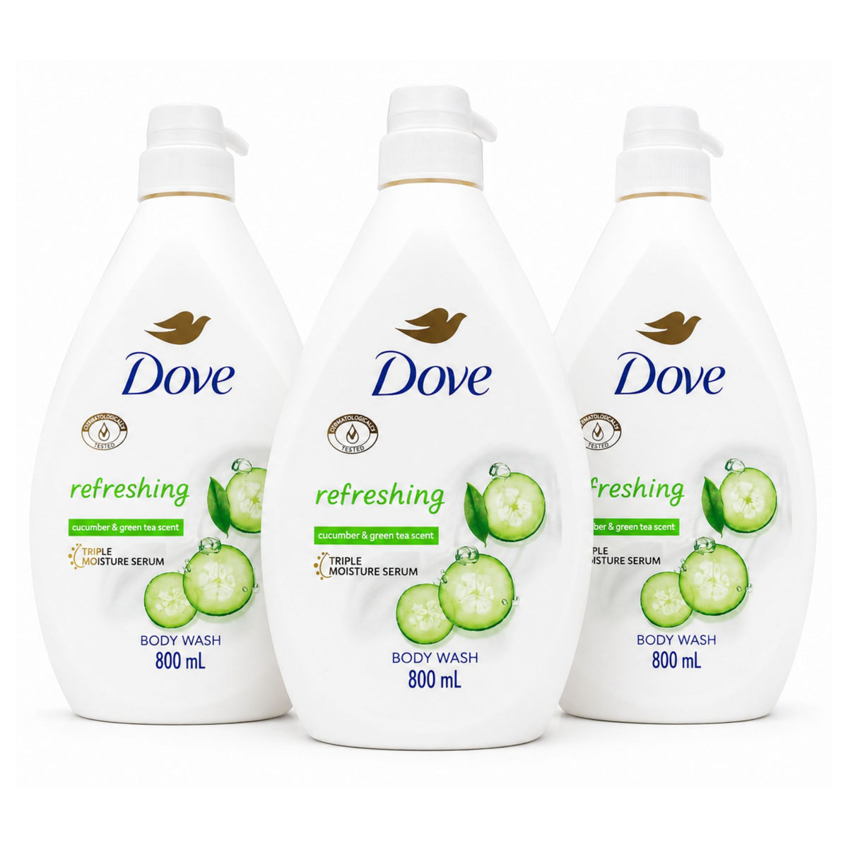 Three white bottles of Dove Refreshing Body Wash with cucumber graphics, arranged side by side on a white background.