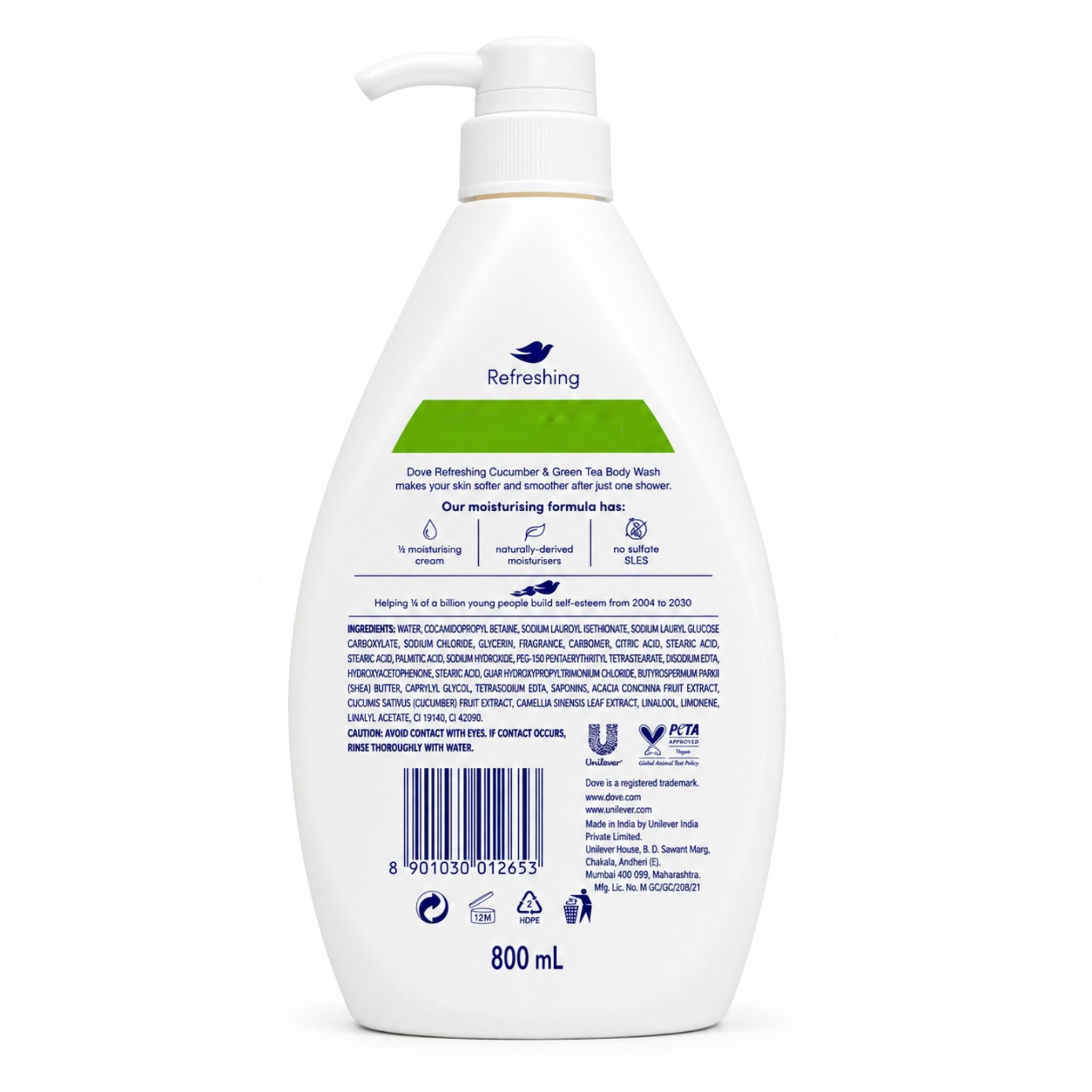 Back view of a 800 mL white bottle of Refreshing Dove Moisturising Hair Wash on a plain white background.