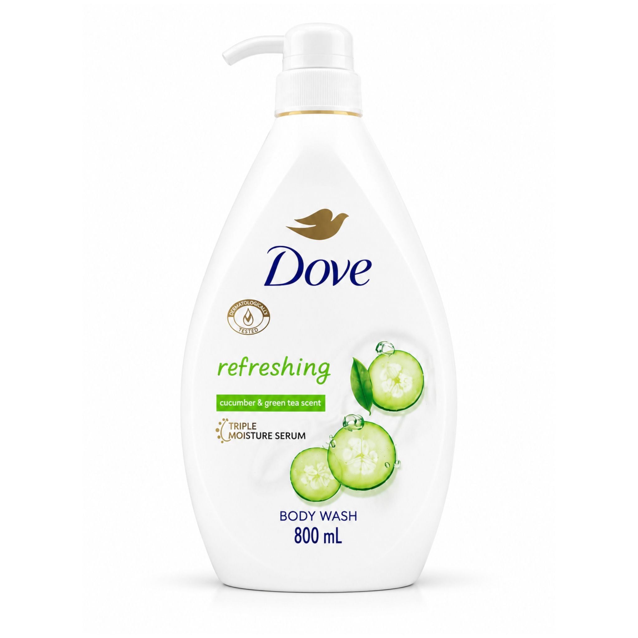 A 800 mL bottle of Dove Refreshing Body Wash with cucumber and green tea scent, featuring a white pump dispenser and a graphic of sliced cucumbers on a clean white background.