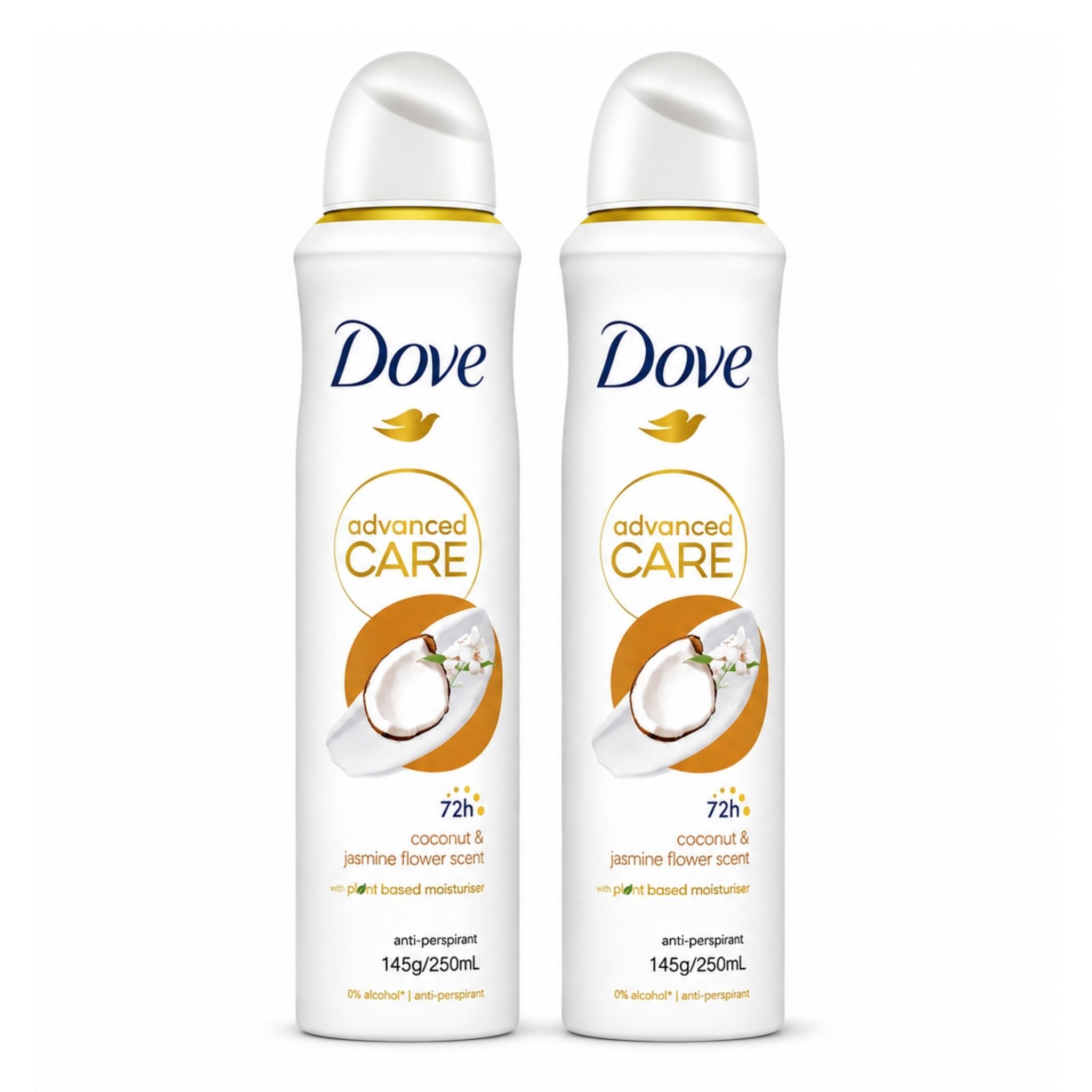 Two white Dove Advanced Care deodorant spray cans with white caps, featuring a coconut and jasmine flower scent, set against a plain white background.