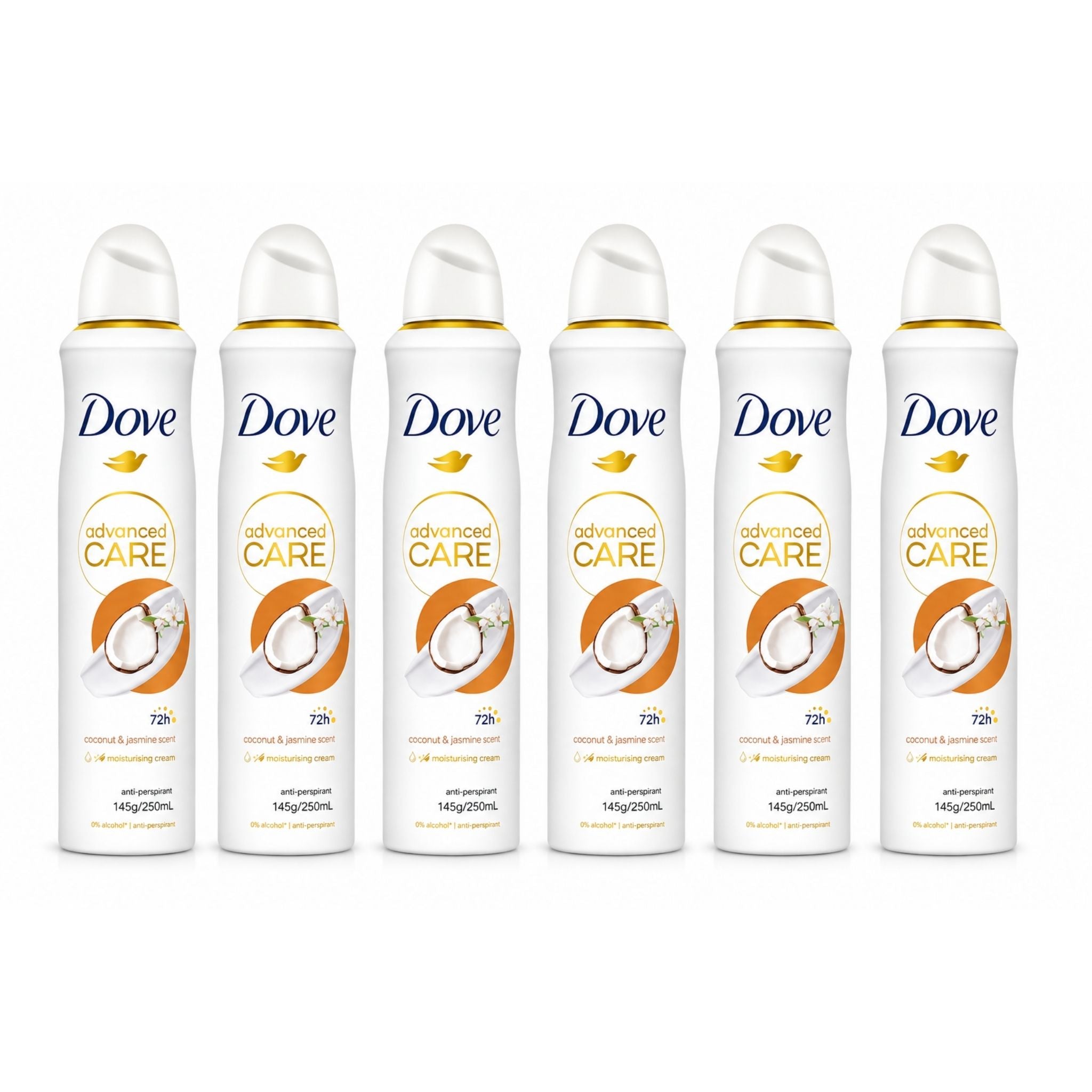 Six white Dove Advanced Care anti-dandruff shampoo bottles arranged in a row on a plain white background.