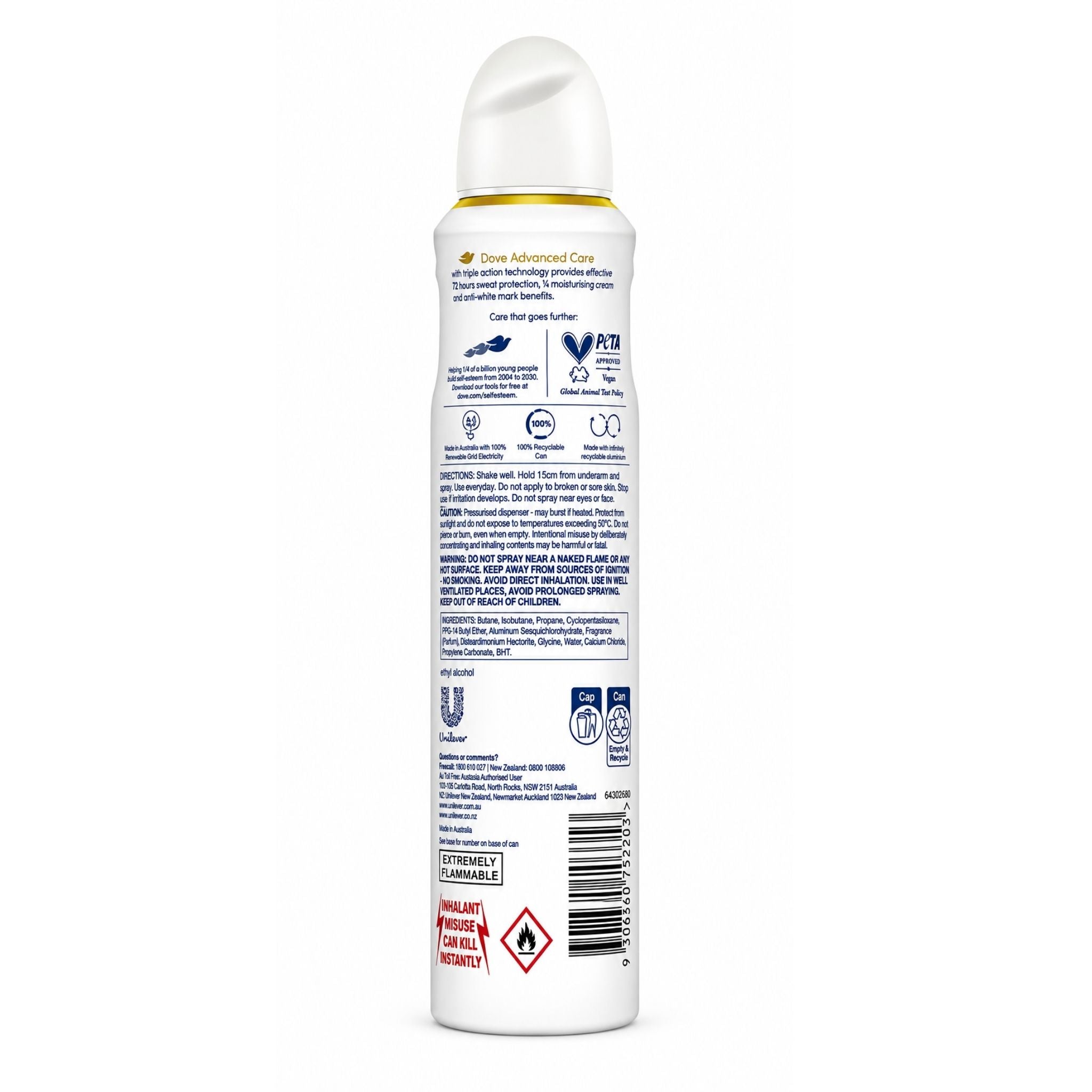 A white canister of Unilead Advanced Care Hand Sanitizer with a white cap and gold accent band, shown from the back on a white background.