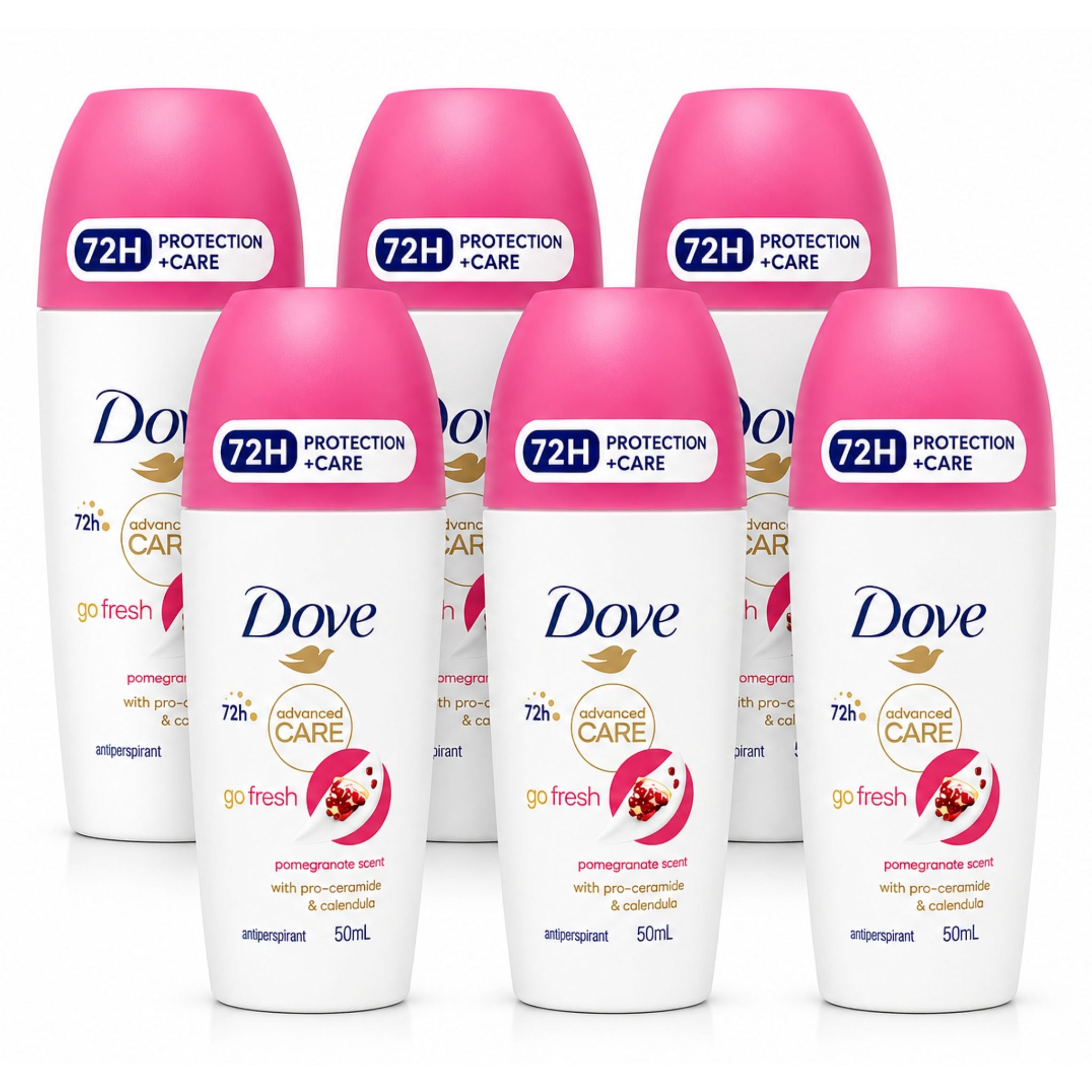 Six bottles of Dove Advanced Care deodorant in pomegranate scent, arranged in two rows of three on a clean white background.