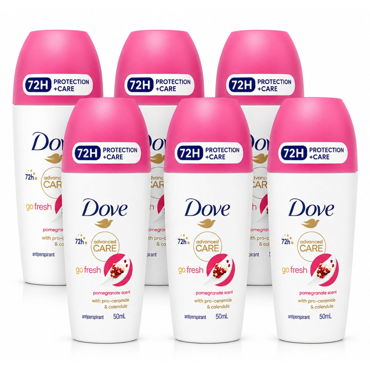 Six bottles of Dove Advanced Care deodorant in pomegranate scent, arranged in two rows of three on a clean white background.