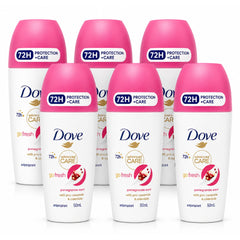 Six bottles of Dove Advanced Care deodorant in pomegranate scent, arranged in two rows of three on a clean white background.