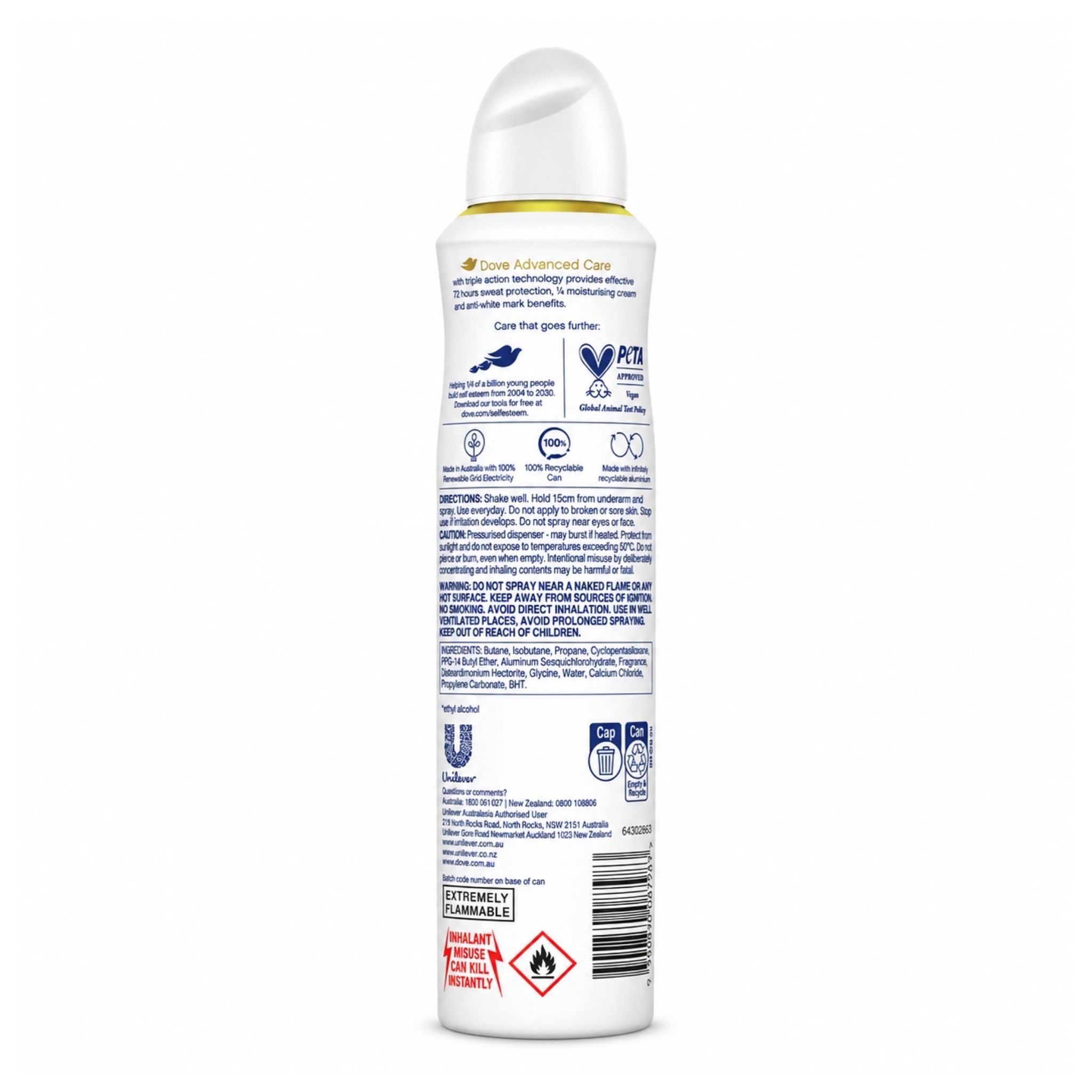 A white aerosol can of UV protection spray shown from the back, featuring a white cap with a gold band, detailed blue and red text, and various certification logos on a plain white background.