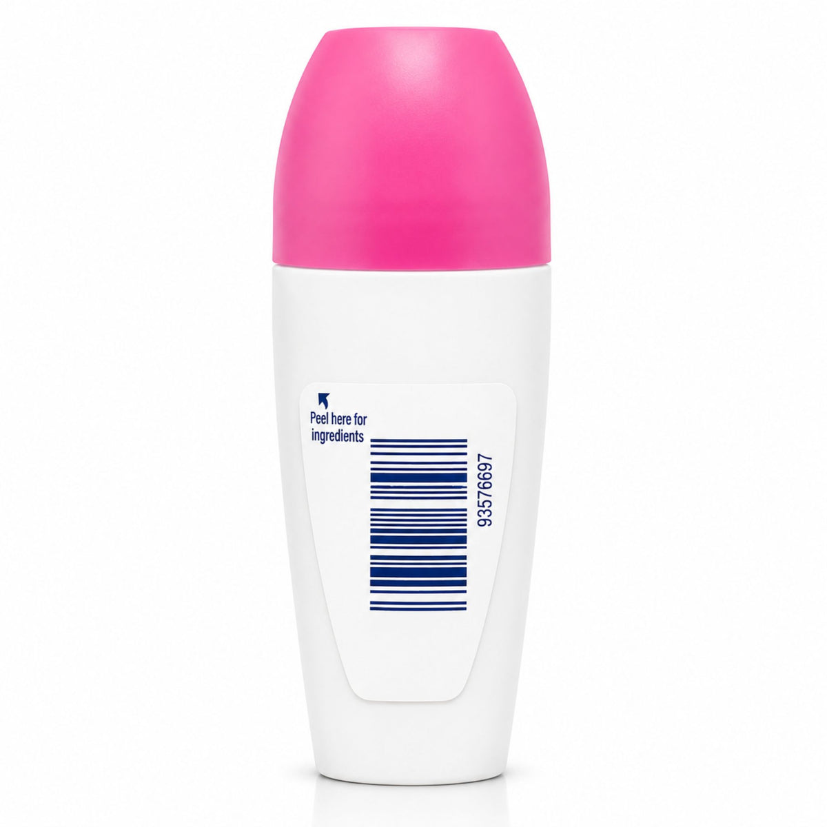 A white cylindrical roll-on bottle with a bright pink cap, featuring a white label with a blue barcode and text.