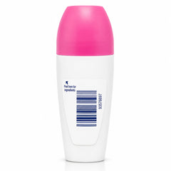 A white cylindrical roll-on bottle with a bright pink cap, featuring a white label with a blue barcode and text.