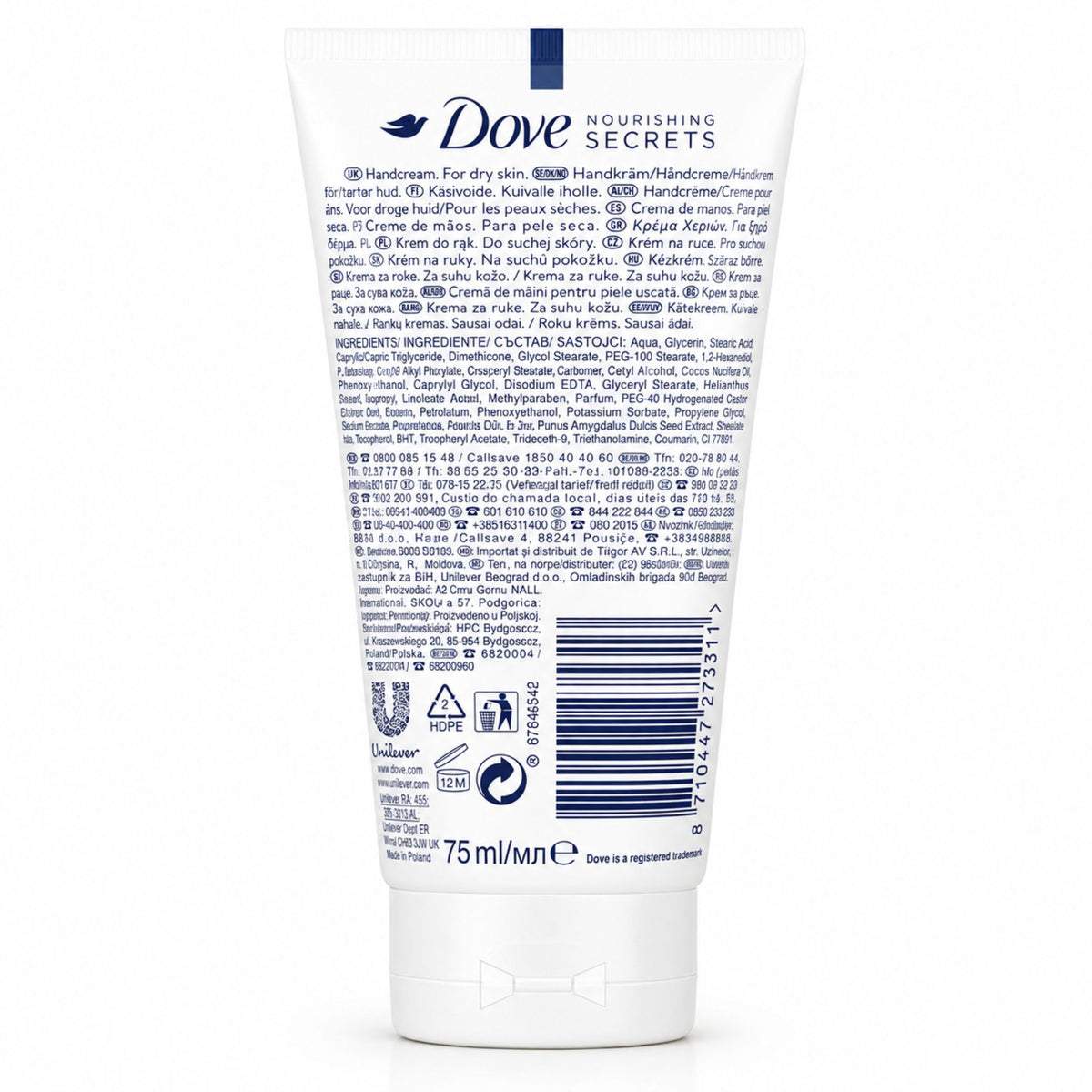 The back of a 75ml squeeze tube of Dove Nourishing Secrets body cream, showing the detailed ingredients list, barcode, and recycling symbols on a white background.