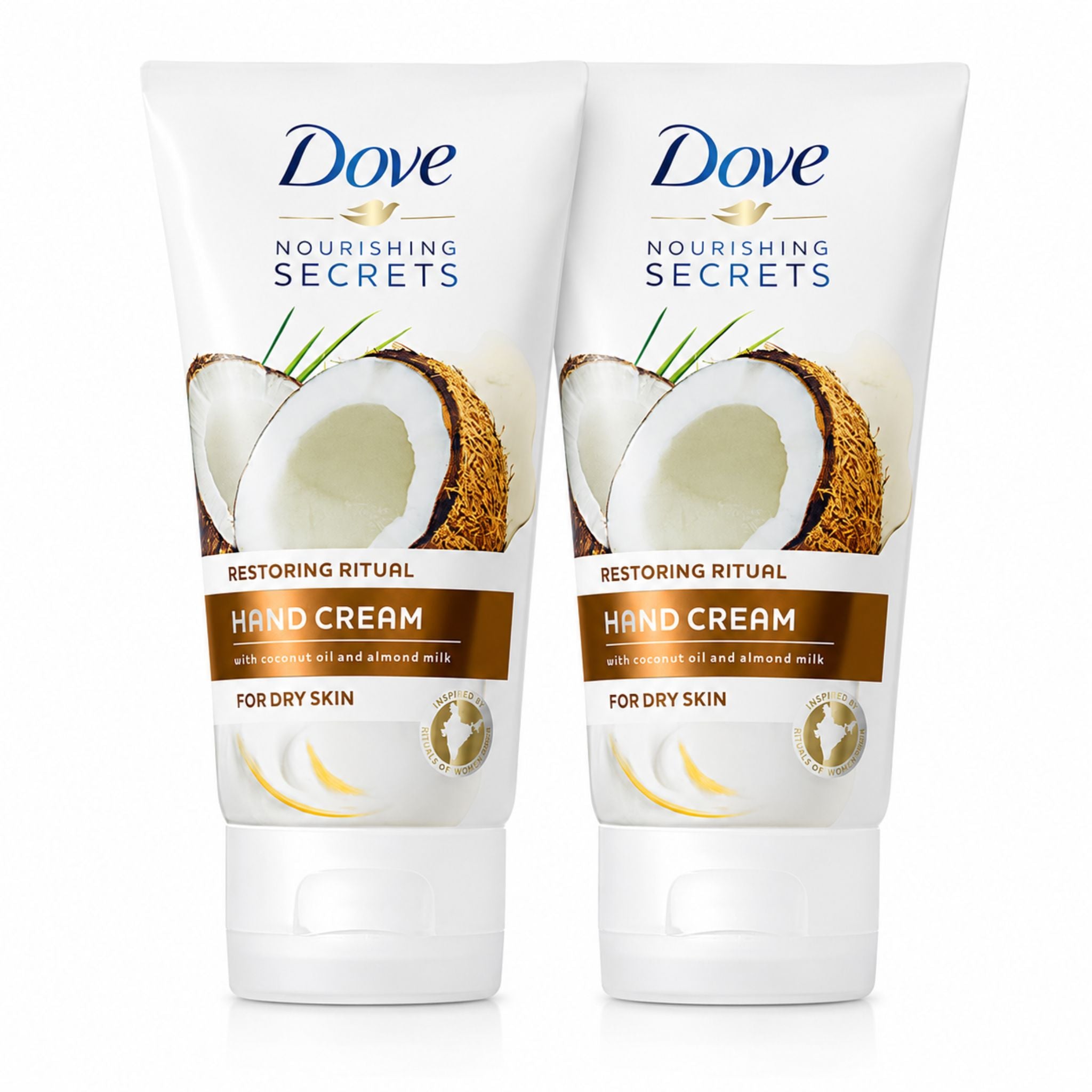 Two tubes of Dove Nourishing Secrets Hand Cream side by side on a white background, featuring coconut imagery on the label.