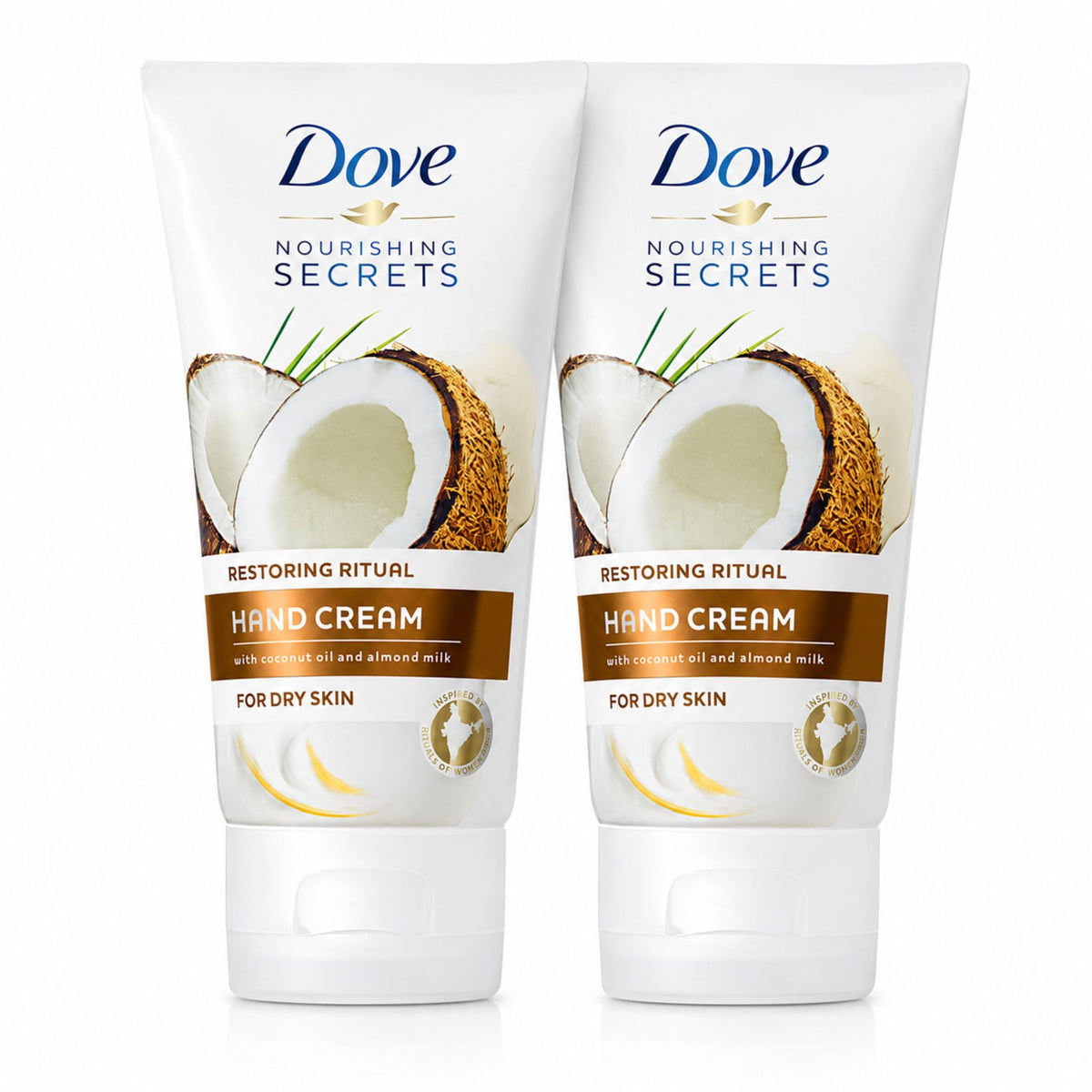 Two tubes of Dove Nourishing Secrets Hand Cream side by side on a white background, featuring coconut imagery on the label.