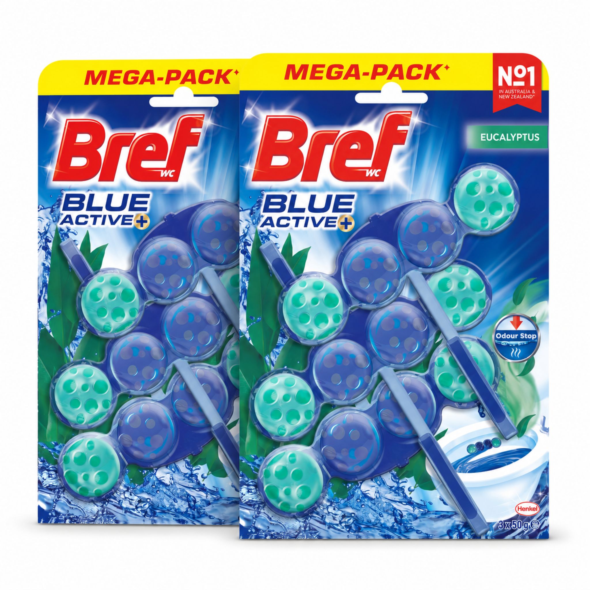 Two packages of Bref Blue Active+ Mega-Pack Eucalyptus odor eliminator tablets, showing the blue and green gel capsules on the front of the retail packaging.