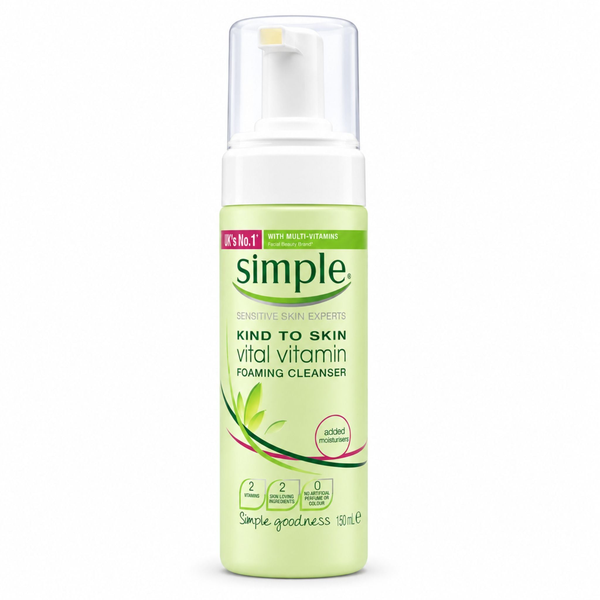 A bottle of Simple Kind to Skin Vital Vitamin Foaming Cleanser on a plain white background. The bottle is light green and white with a clear cap and pump, featuring the green and pink Simple brand logo.