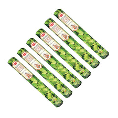 Set of six green incense sticks with visible brand label on a white background