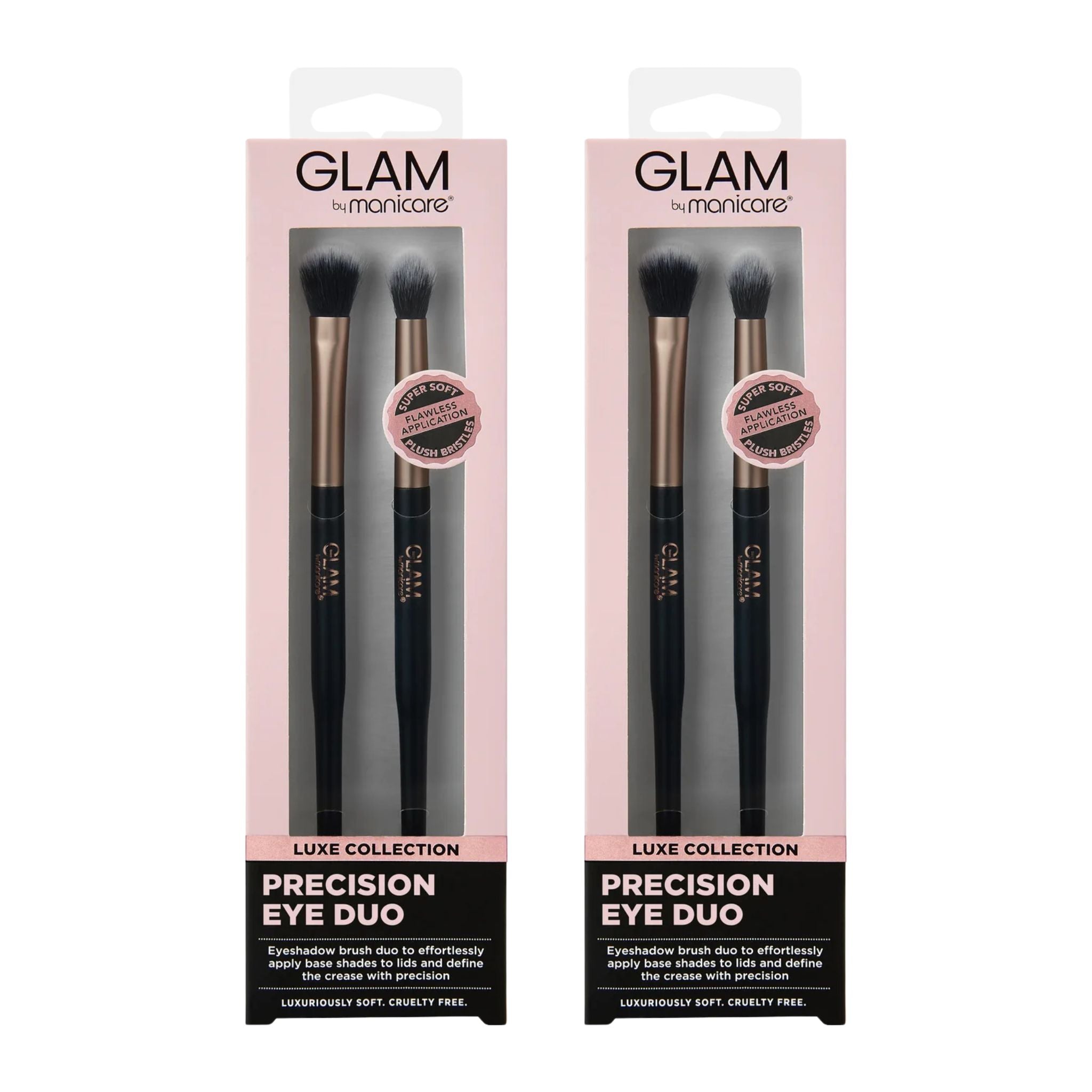 Two packages of Glam by Manicare Precision Eye Duo brushes on a white background