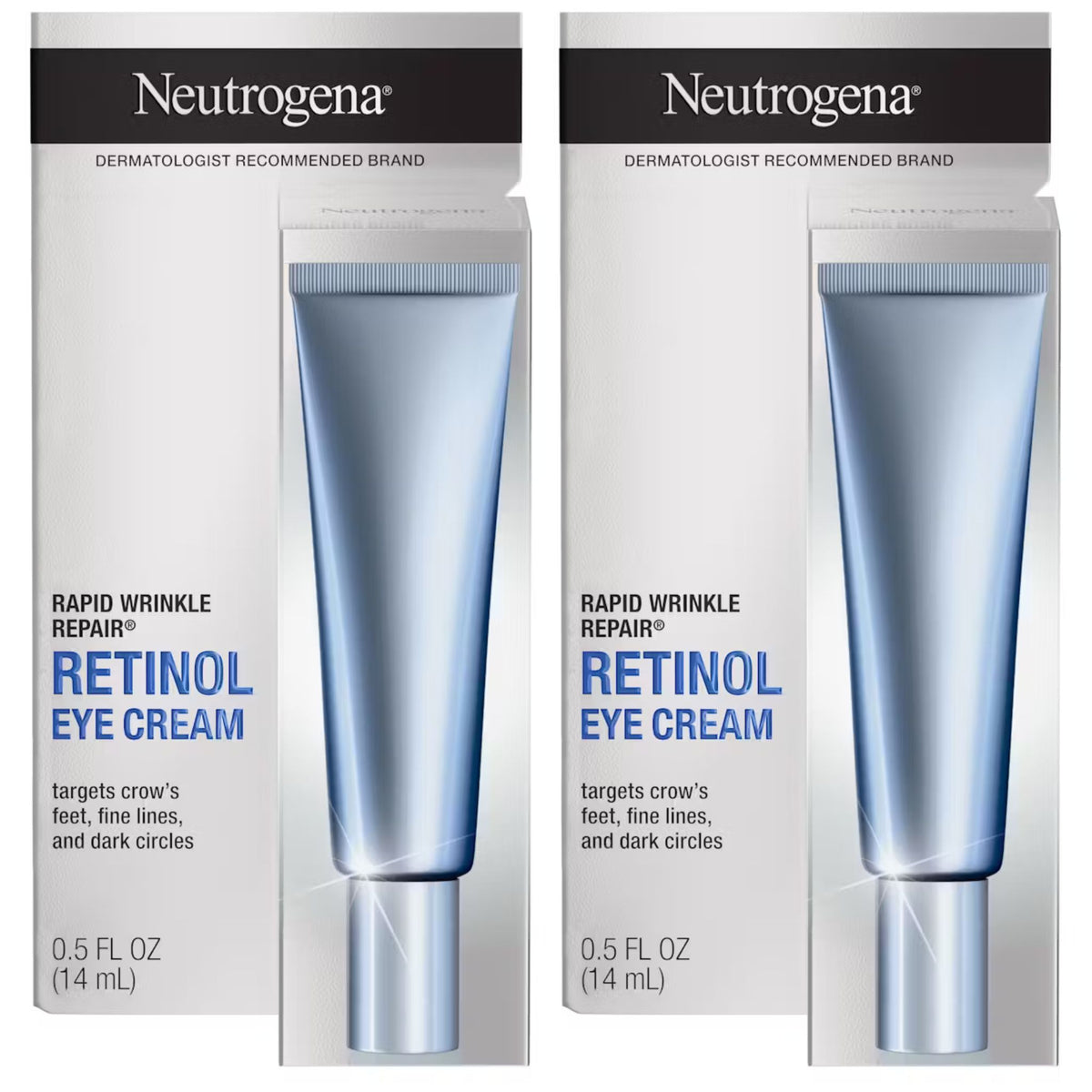 Neutrogena Rapid Wrinkle Repair Retinol Eye Cream packaging, featuring a blue tube of cream within a cardboard box with product information.