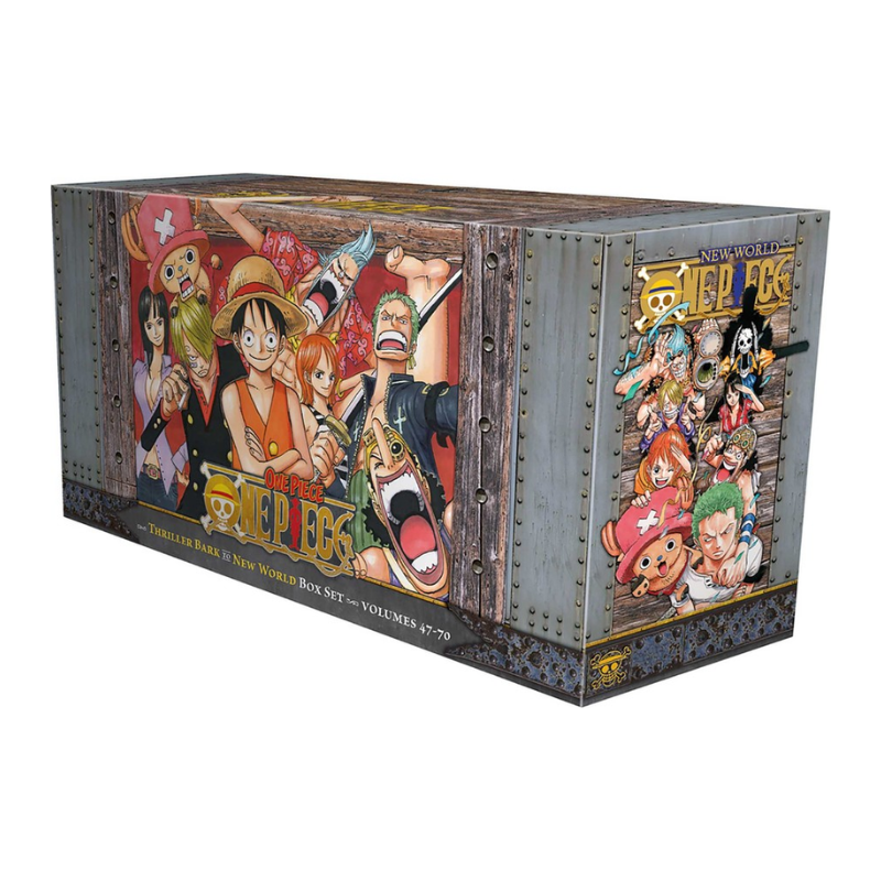 A boxed set of 'One Piece' manga books with character illustrations on the covers.