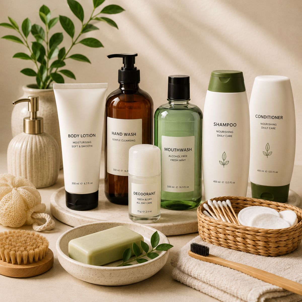 Personal care essentials including body lotion, hand wash, shampoo, conditioner, deodorant, mouthwash and grooming accessories