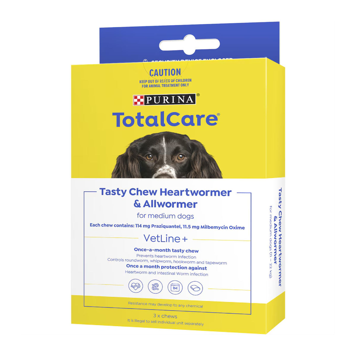 Purina TotalCare Tasty Chew Heartworm & Allwormer packaging for medium dogs on a white background