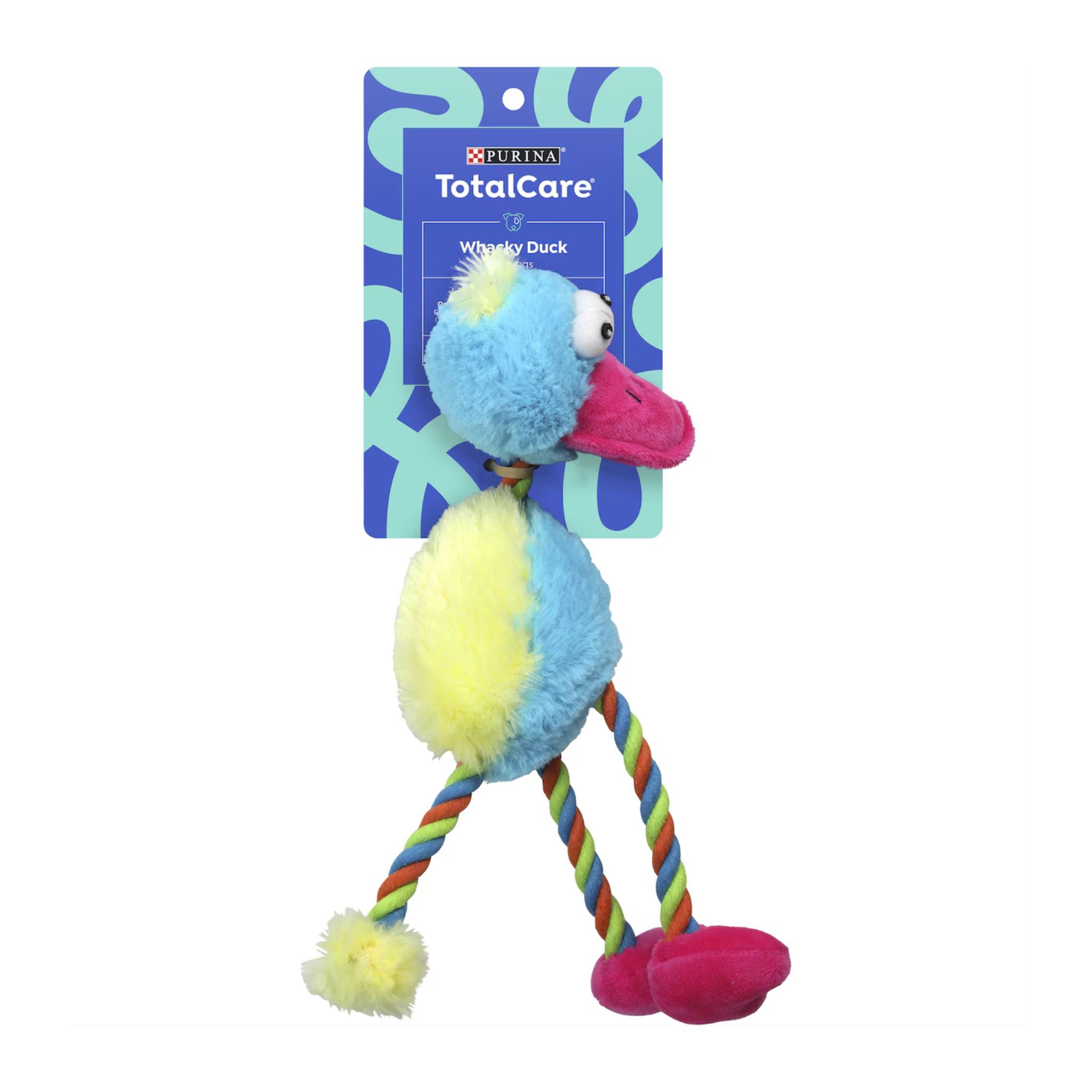 Colorful duck-shaped dog toy with a rope on a white background