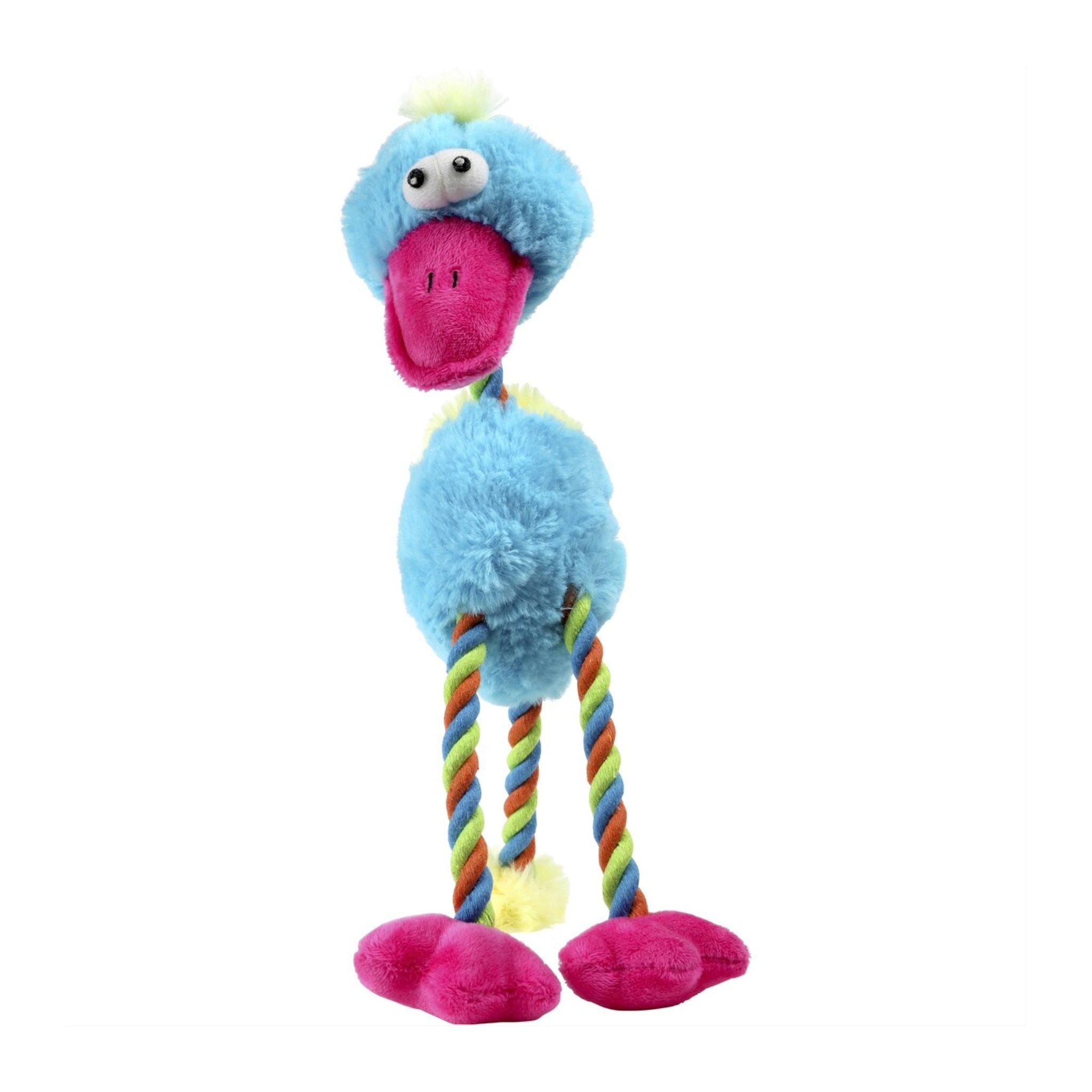 Plush toy with a blue body, pink face, and colorful legs on a white background