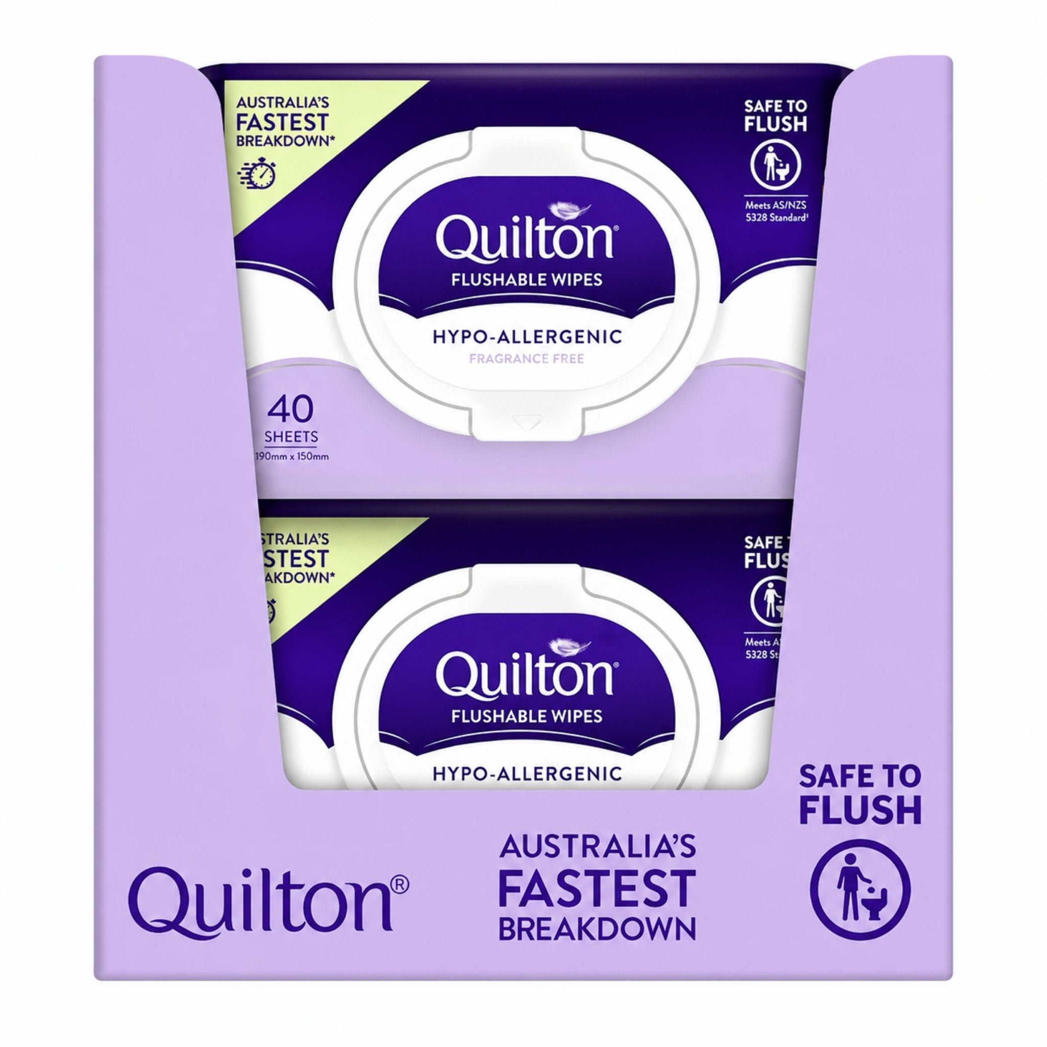 Quilton hypo-allergenic flushable wipes in a purple retail box containing two packs of 40 wipes each, on a white background.
