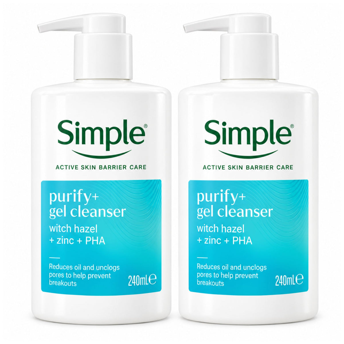 2-pack bundle of Simple Active Skin Barrier Care Purify+ Gel Cleanser 240ml pump bottles