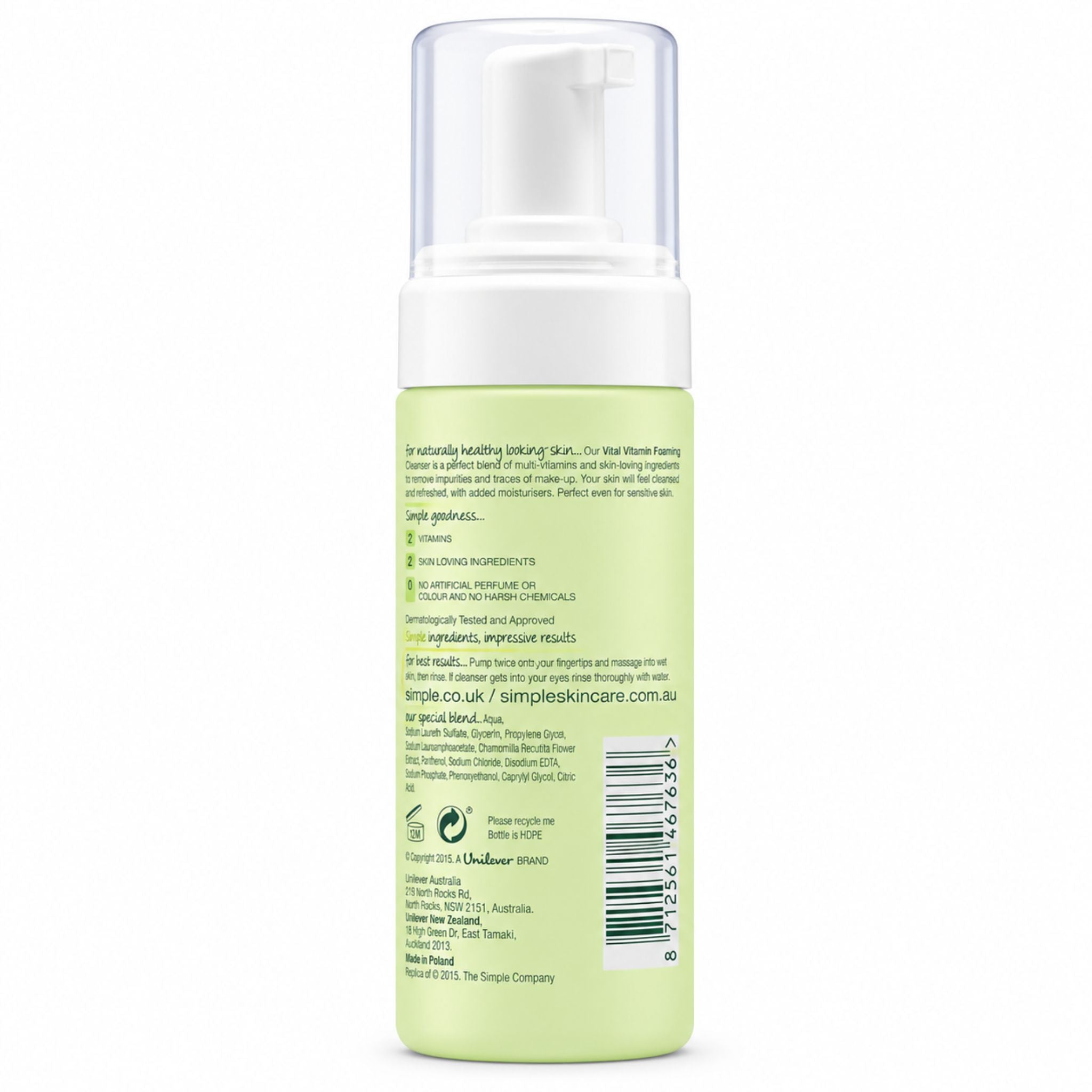 The back of a Simple Skincare pump bottle, showing the product details, ingredients, and barcode on a white background.