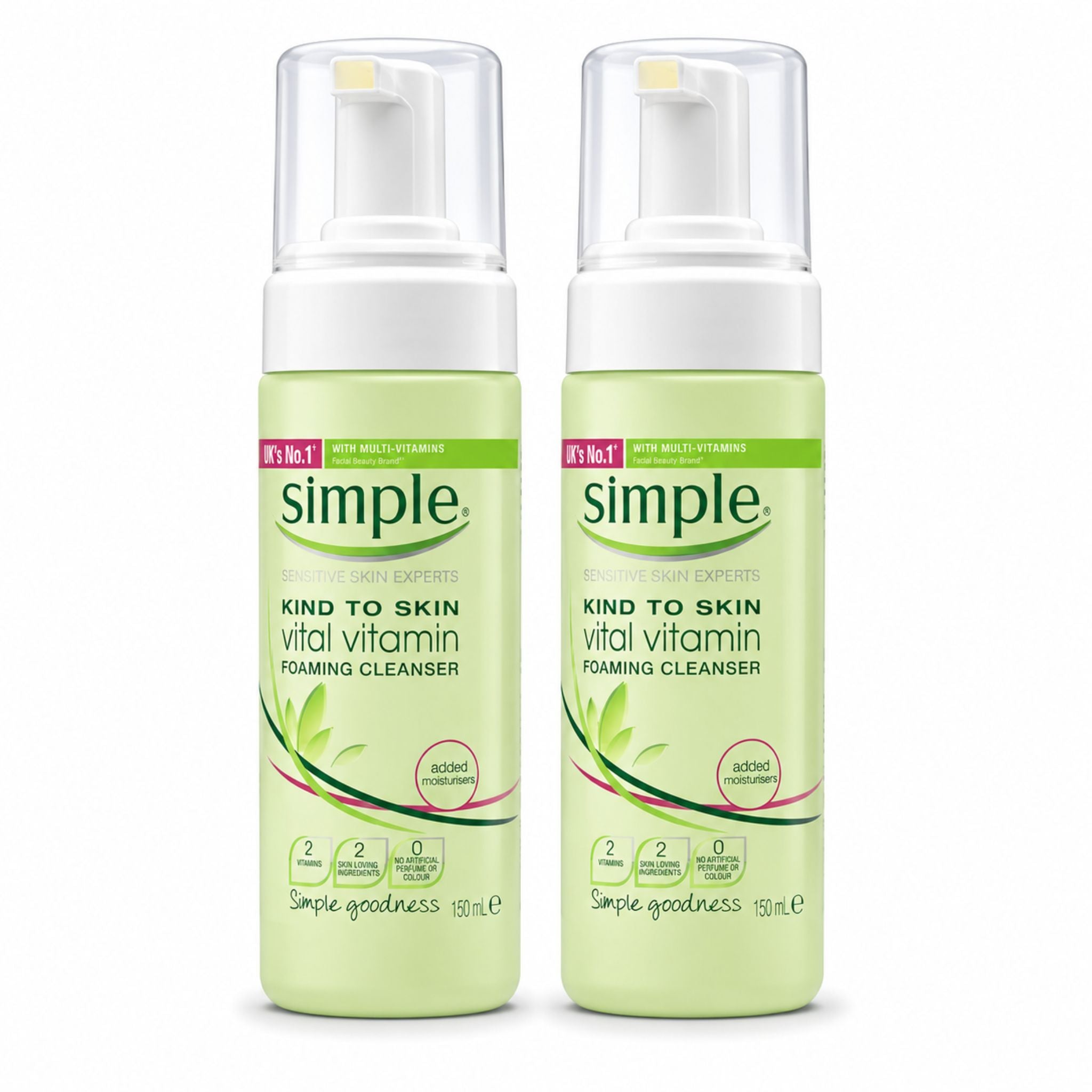 Two bottles of Simple Kind to Skin Vital Vitamin Foaming Cleanser side by side on a white background.