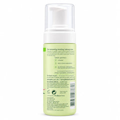 A bottle of Simple Skin Care cleansing foam shown from the back, featuring a pale green label, white pump dispenser, and clear cap on a white background.