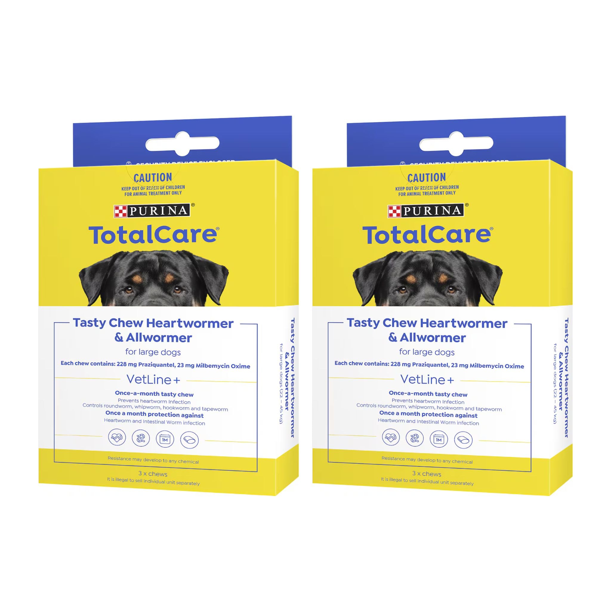 Purina TotalCare Tasty Chew Heartworm & Allwormer packaging for large dogs on a white background