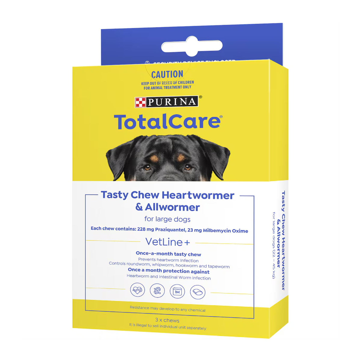 Purina TotalCare Tasty Chew Heartworm & Allwormer packaging for large dogs on a white background